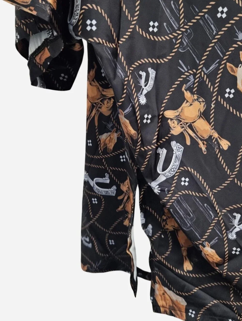 Two Fly Black & tan western print cowboy Cowgirl Short Sleeve Blouse Womens S/M - Picture 7 of 8